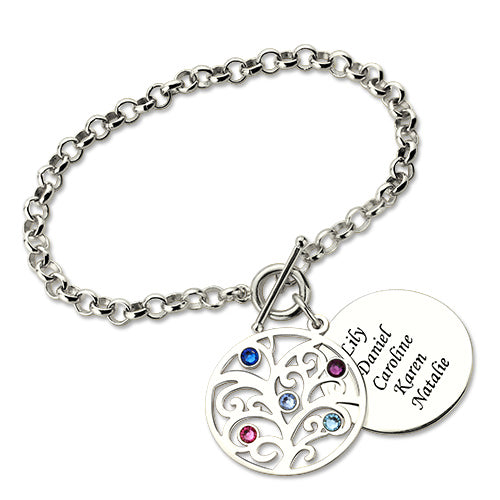 Engraved Family Tree Birthstone Bracelet Sterling Silver Jewelry Treasures