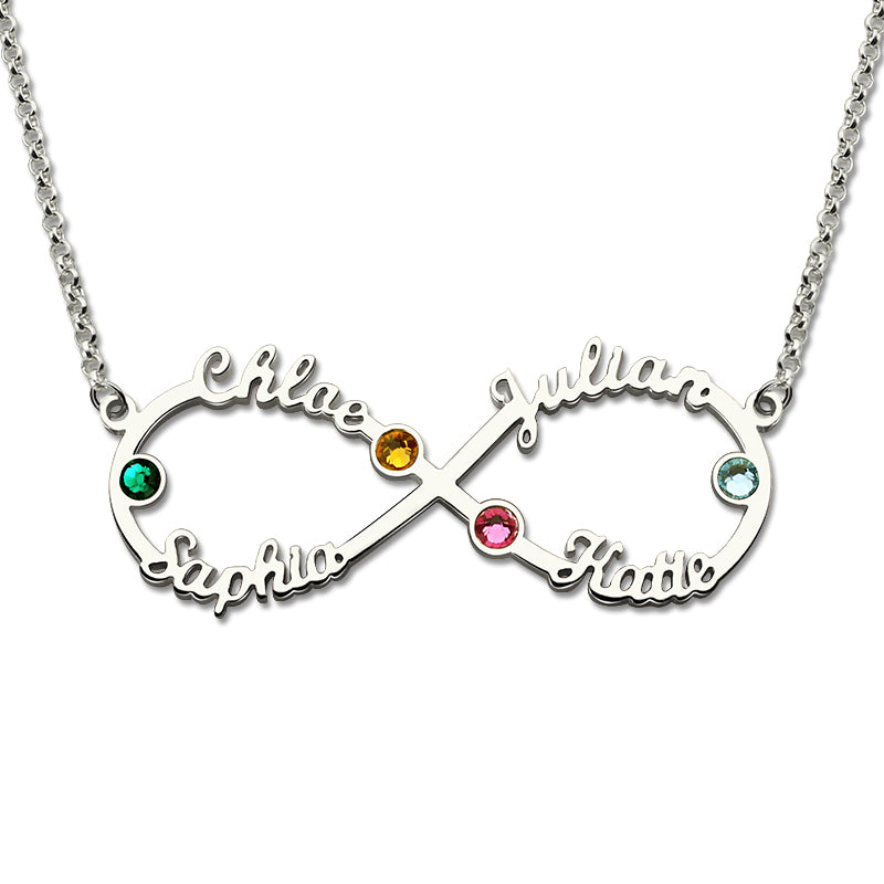 Personalized Infinity Four Name Necklace With Birthstones Silver Jewelry Treasures