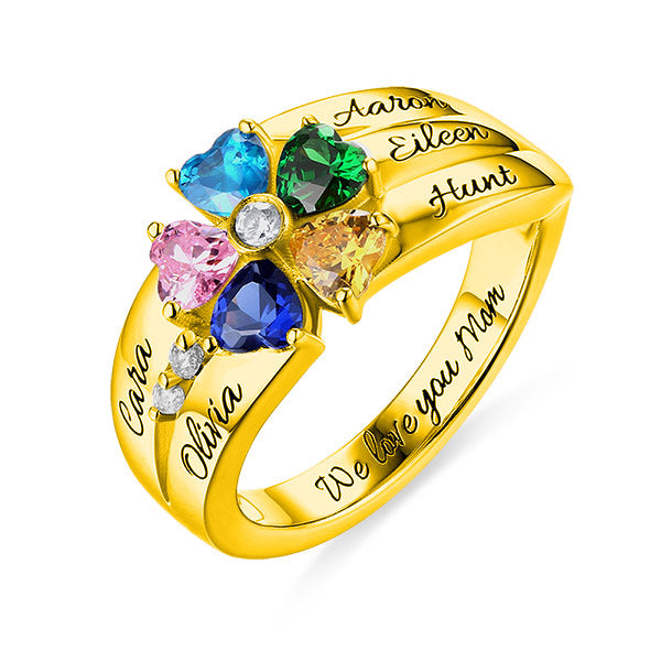 Engraved 5 Heart-Shaped Birthstones Ring In Sliver