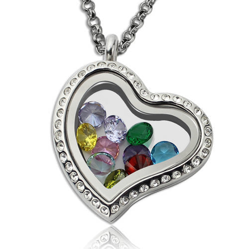 Birthstone Heart Floating Locket Necklace Stainless Steel Jewelry Treasures