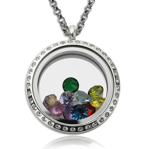 Birthstone Heart Floating Locket Necklace Stainless Steel Jewelry Treasures