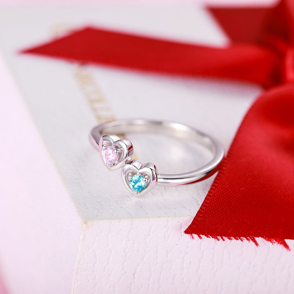 Personalized Double Heart Birthstone Promise Ring for Love in Silver