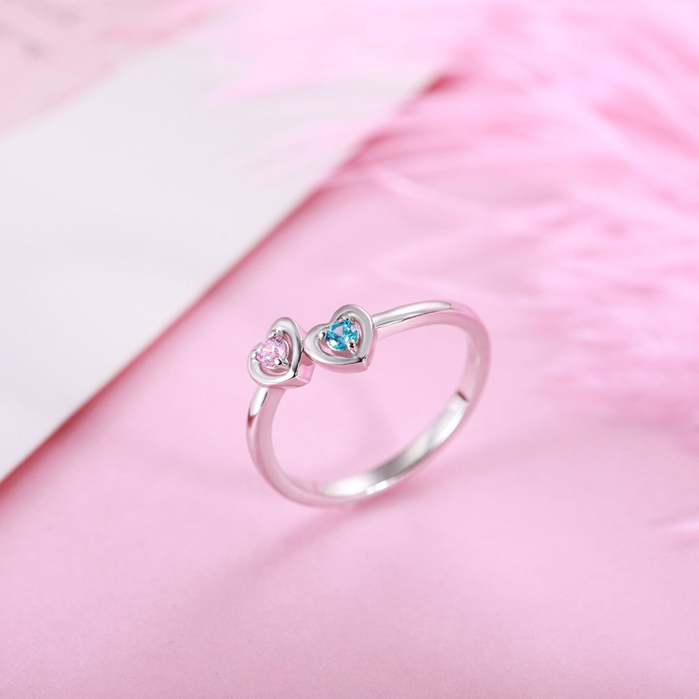 Personalized Double Heart Birthstone Promise Ring for Love in Silver