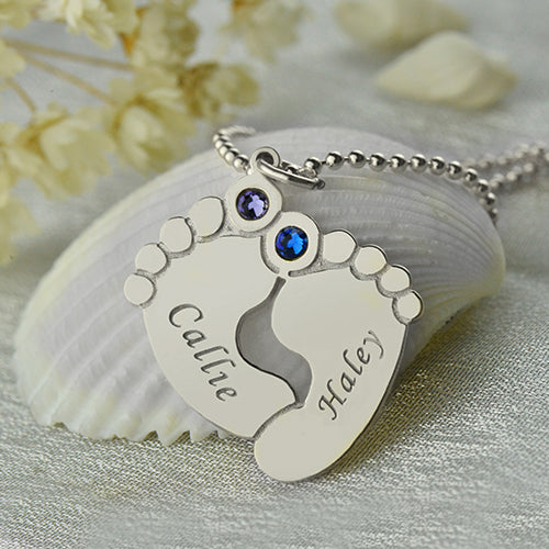 Personalized Baby Feet Name Necklace with Birthstone Silver Jewelry Treasures