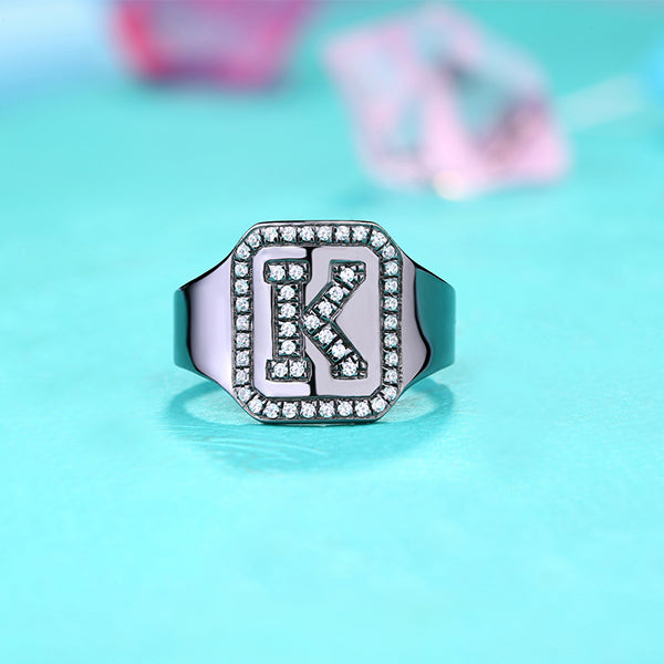 Personalized Black Plated CZ's Initial Ring In Sterling Silver