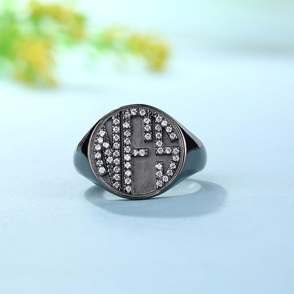 Personalized CZ Circle Monogram Ring Black plated Jewelry Treasures