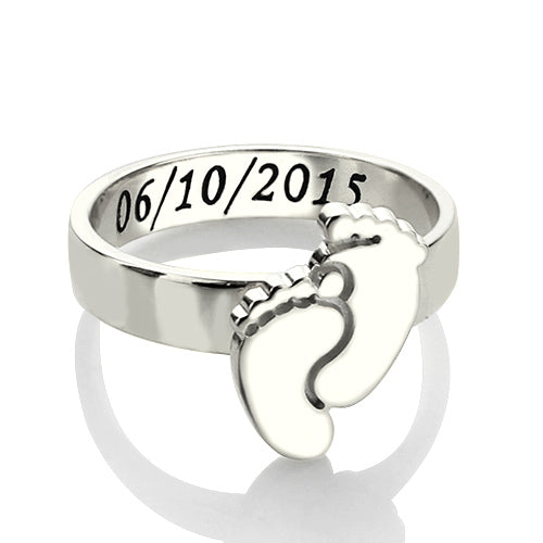 Engraved Baby Feet Ring For Mom Sterling Silver