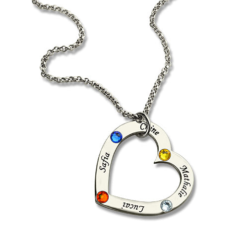 Mother's Heart Necklace with 4 Names & Birthstones Sterling Silver Jewelry Treasures