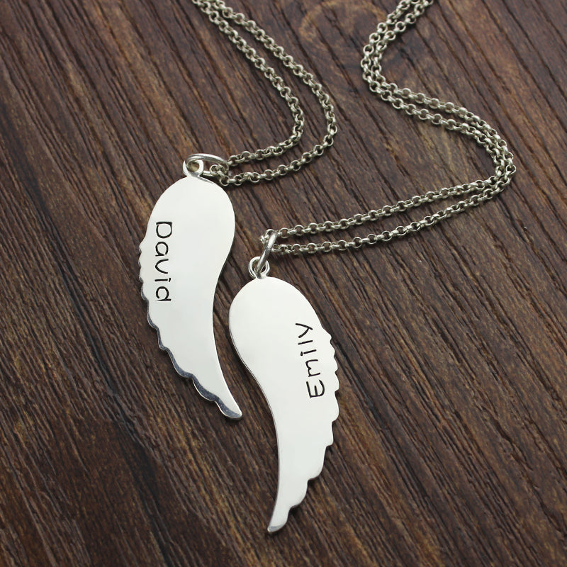 Custom Cute His and Her Angel Wings Necklaces Silver Jewelry Treasures