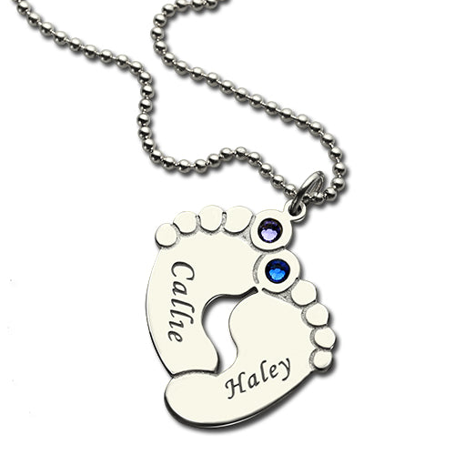 Personalized Baby Feet Name Necklace with Birthstone Silver Jewelry Treasures