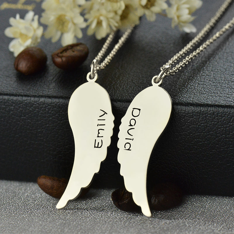 Custom Cute His and Her Angel Wings Necklaces Silver Jewelry Treasures