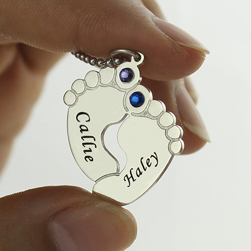 Personalized Baby Feet Name Necklace with Birthstone Silver Jewelry Treasures