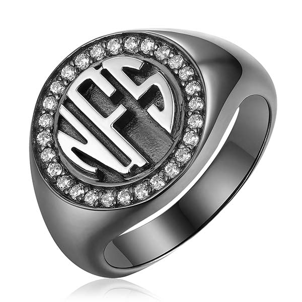 Personalized Circle Monogram CZ Ring Black plated Jewelry Treasures