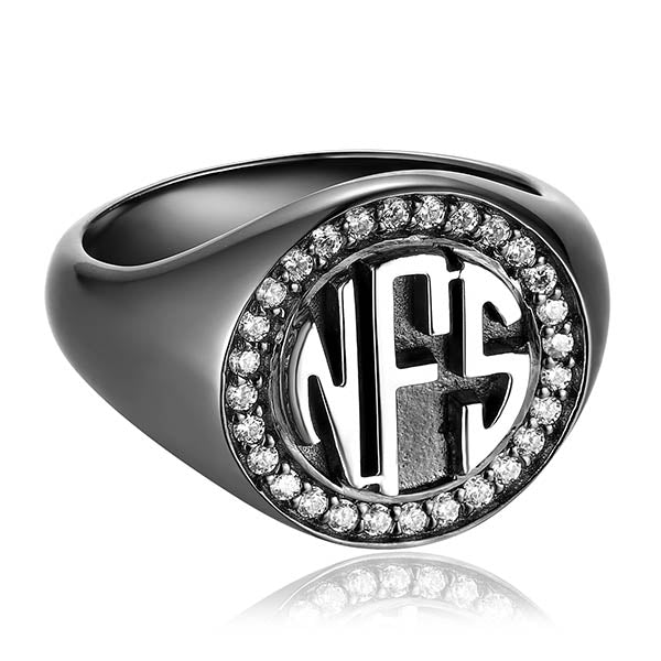 Personalized Circle Monogram CZ Ring Black plated Jewelry Treasures