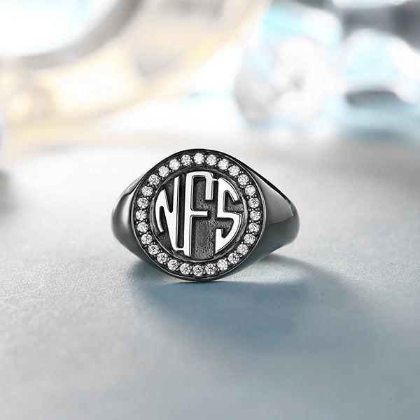 Personalized Circle Monogram CZ Ring Black plated Jewelry Treasures