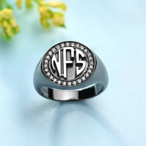 Personalized Circle Monogram CZ Ring Black plated Jewelry Treasures