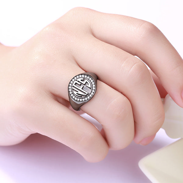 Personalized Circle Monogram CZ Ring Black plated Jewelry Treasures