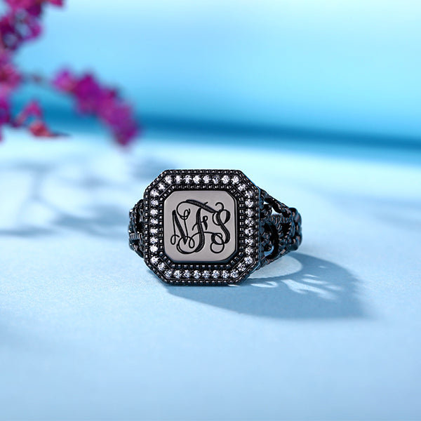 Personalized Vine Pattern Square Monogram Ring Jewelry Treasures