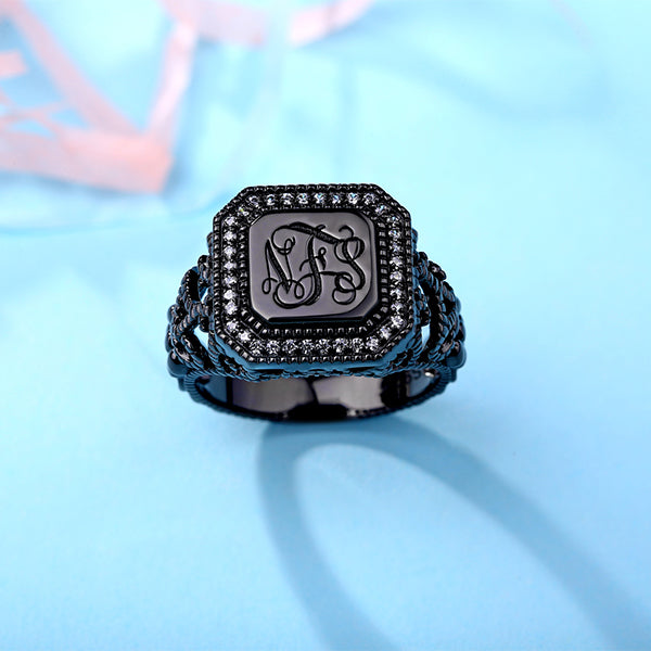 Personalized Vine Pattern Square Monogram Ring Jewelry Treasures