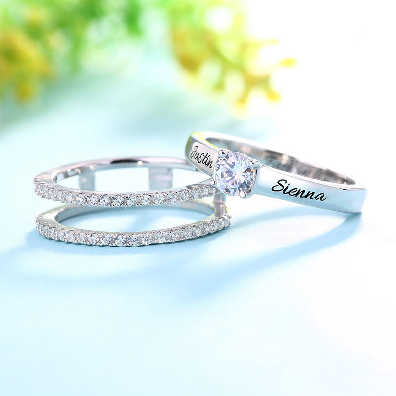 Engraved Promise Ring Set With Cubic Zirconia