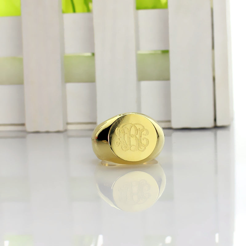 Engraved Circle Monogram Signet Ring 18K Gold Plated Jewelry Treasures