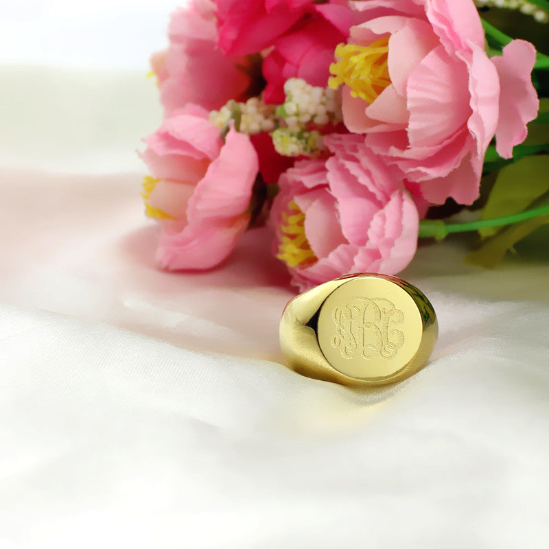 Engraved Circle Monogram Signet Ring 18K Gold Plated Jewelry Treasures