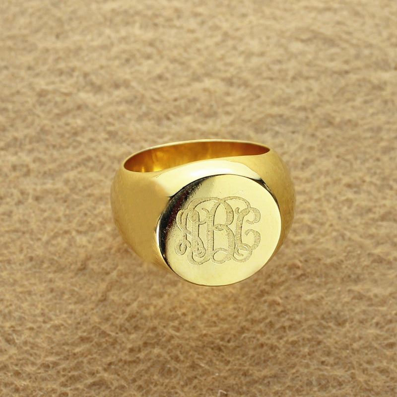 Engraved Circle Monogram Signet Ring 18K Gold Plated Jewelry Treasures