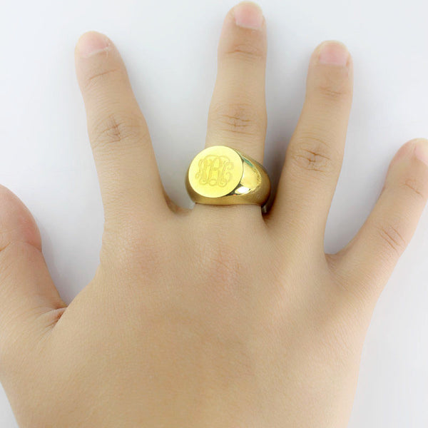 Engraved Circle Monogram Signet Ring 18K Gold Plated Jewelry Treasures