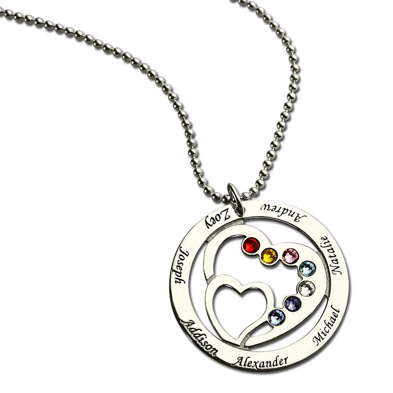 Personalized Heart in Heart Birthstone Name Necklace Silver Jewelry Treasures