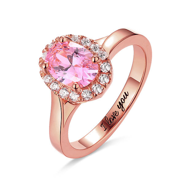 Engraved Stunning Oval Shaped Stone Halo Ring In Rose Gold