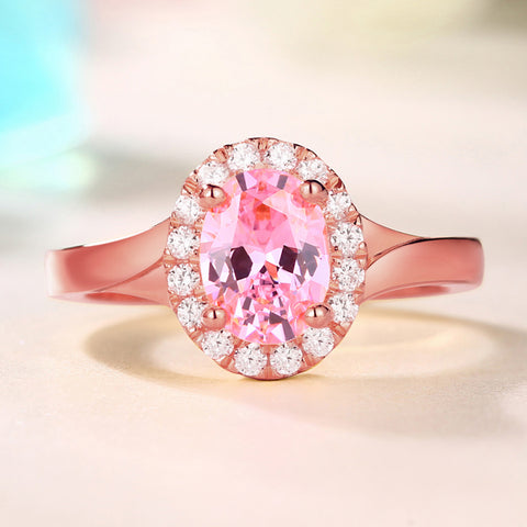 Engraved Stunning Oval Shaped Stone Halo Ring In Rose Gold