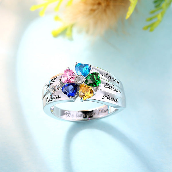 Engraved 5 Heart-Shaped Birthstones Ring In Sliver