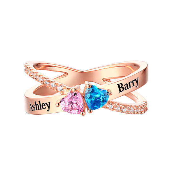 Personalized Heart Birthstones Crisscross Ring In Rose Gold