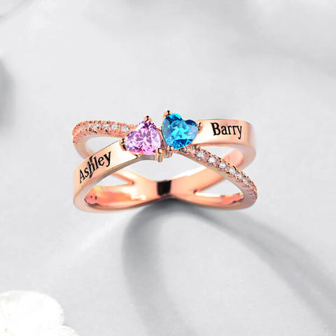 Personalized Heart Birthstones Crisscross Ring In Rose Gold