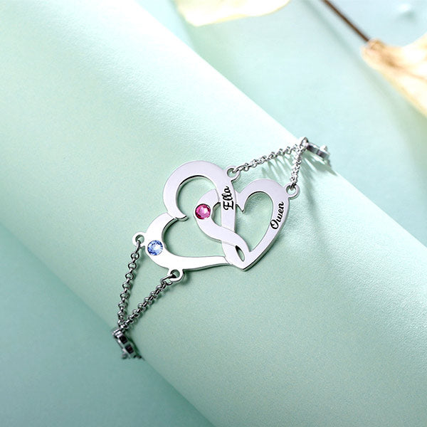 Engraved Interlocking Heart Birthstones Bracelet Jewelry Treasures