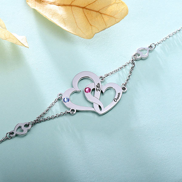 Engraved Interlocking Heart Birthstones Bracelet Jewelry Treasures