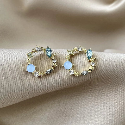 Delicate Gold-Plated Circle Earrings with Blue Opal and Crystal Accents