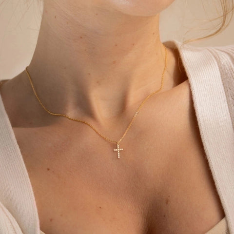 18K Gold Plated Mini Cubic Zirconia Cross Necklace for Women