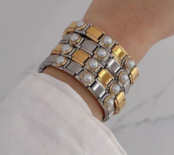 Simple Style Streetwear Solid Color 303 Stainless Steel 18K Gold Plated Artificial Pearls Bangle In Bulk