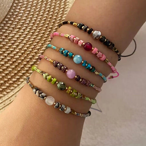 vintage style bohemian color block natural stone seed bead beaded bracelets