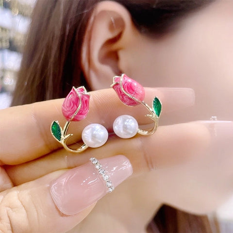 1 pair sweet flower plating imitation pearl alloy ear studs