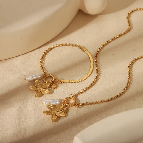 Jewelry Vintage Style Commute Eight-pointed stars Flower 304 Stainless Steel Shell 18K Gold Plated Inlay Jewelry Set