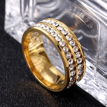 Elegant Gold-Plated Crystal Ring Double Row Titanium Steel Rhinestones