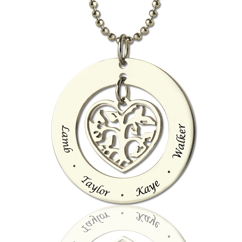 Heart Charm Circle Family Tree Name Necklace Sterling Silver Jewelry Treasures