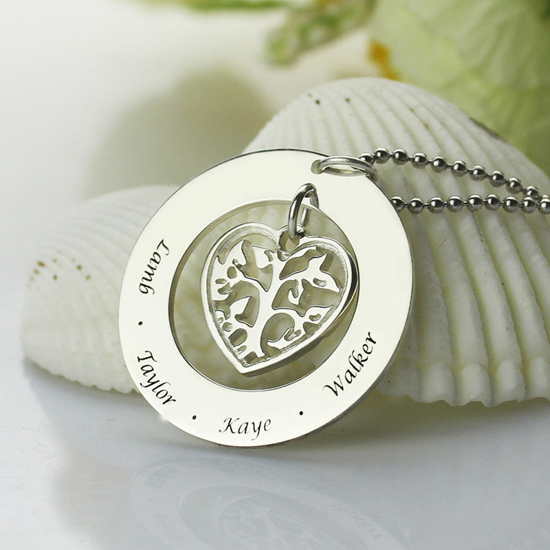 Heart Charm Circle Family Tree Name Necklace Sterling Silver Jewelry Treasures