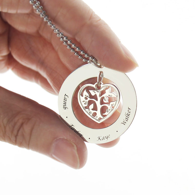 Heart Charm Circle Family Tree Name Necklace Sterling Silver Jewelry Treasures