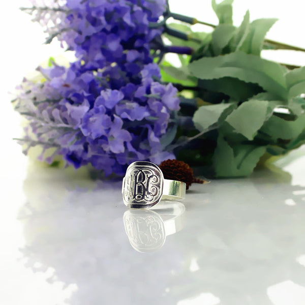 Fancy Script Men's Engraved Monogram Ring Sterling Silver Jewelry Treasures