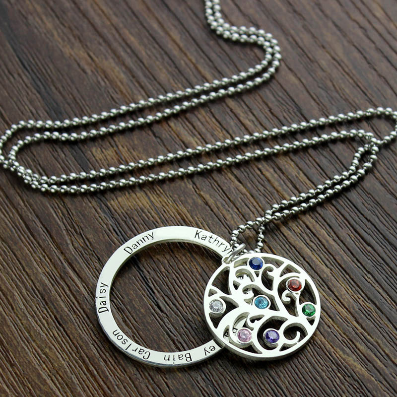 Personalized Circle Family Tree Birthstone 7 Names Necklace Jewelry Treasures