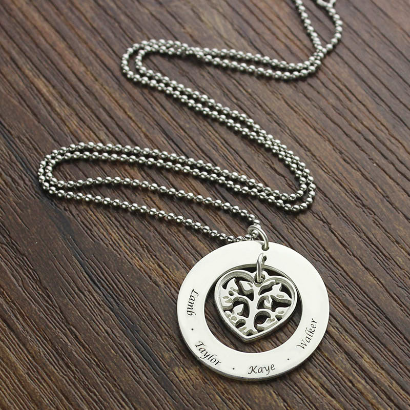 Heart Charm Circle Family Tree Name Necklace Sterling Silver Jewelry Treasures