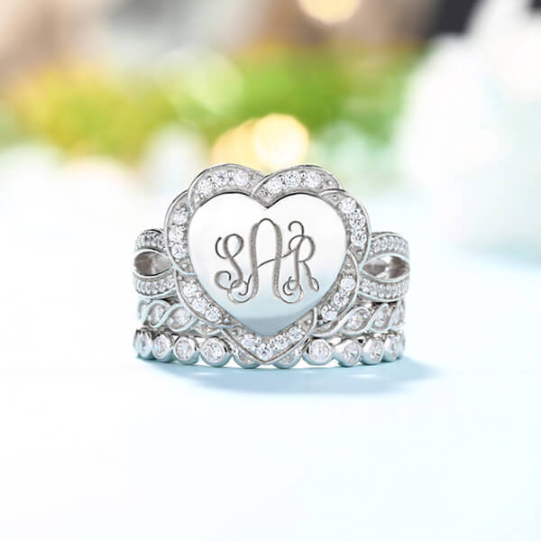 Engraved Heart Shape Stackable Monogram Ring Jewelry Treasures